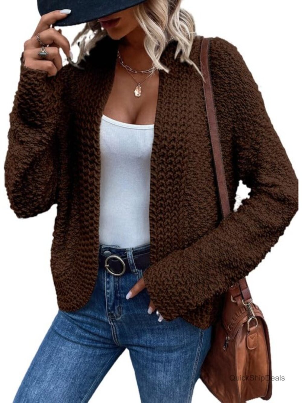 Women's Chunky Knit Open Front Cardigan Long Sleeve Popcorn